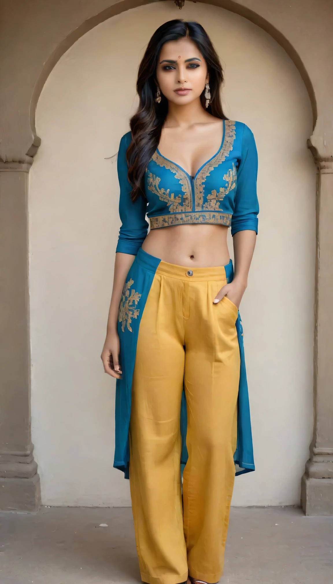 Ultra High Resolution of Full body portrait of a confident Indian woman with a slim figure and fair complexion. She has long, black hair styled in a one-sided hairstyle. Her outfit is a stylish fusion of Indian and Western wear. She wears a balconette blue top with intricate embroidery, paired with trendy hipster yellow pants. The background is a clean white, making her the center of attention.
