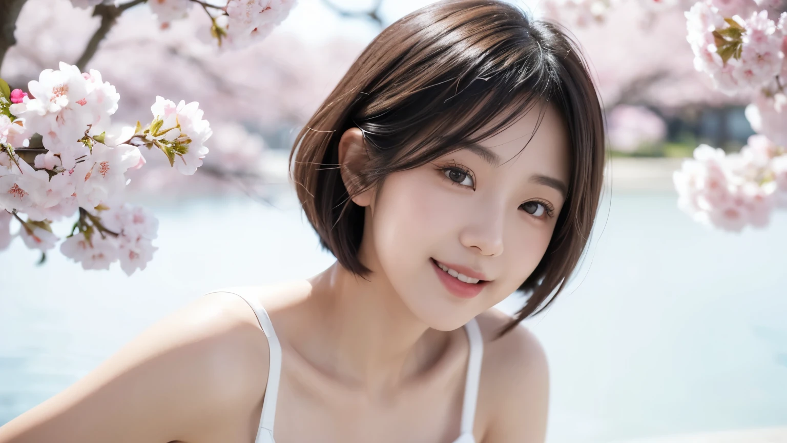 Young Japanese woman, 20s, white background, simple background, short bob, cherry-colored camisole, 4K, 8K medium, high resolution, beauty, beautiful eyes, simple, high resolution, alone, beautiful skin, beautiful skin, smile, coast in full bloom of cherry blossoms street