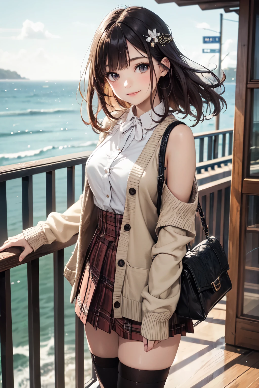 very cute and beautiful girl,teen,(highly detailed beautiful face and eyes),(white blouse),(smile),
(beige cardigan:1.15) BREAK (brown shoulder bag),(brown plaid mini skirt:1.2),zettai ryouiki,
hair ornament,black hair,black boots,cafe terrace,ocean view,
(best quality,masterpiece:1.0),absurdres,highres,ultra-detailed,extremely detailed,32k,8k resolution,
intricate details,cinematic scene,detailed background,solo,dynamic angle,
hair fluttering in the wind,beautiful detailed sky,