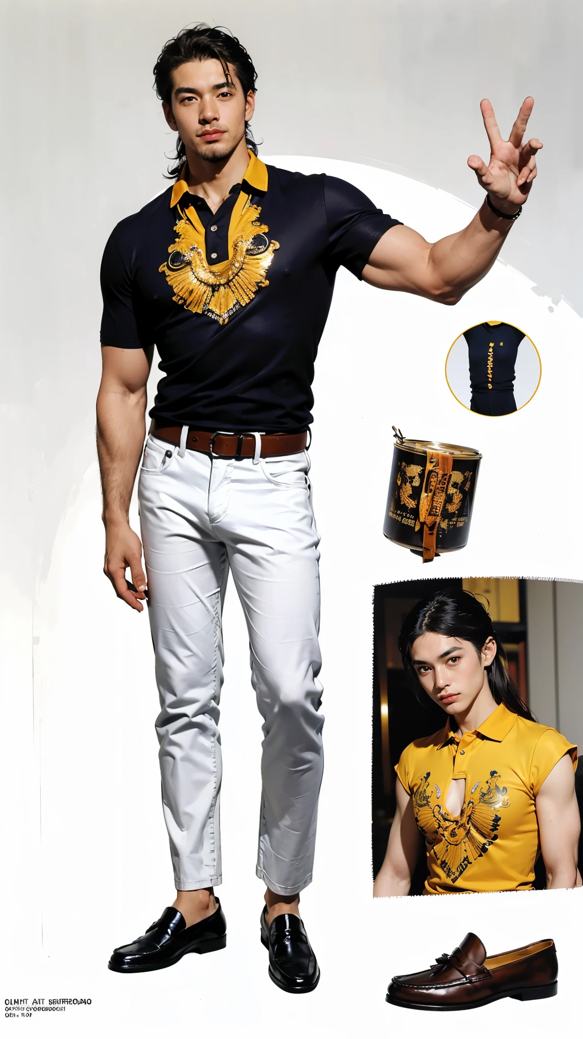 ((best quality,4k,highres,masterpiece:1.2)),((character concept art)), Japanese guy, (handsome man), a 18-year-old first-year university student in Japan, he is notable for his extremely handsome looks and ultra detail 6-packs, (His features include a face with perfect golden ratio proportions), sun-kissed skin from regular outdoor activities, dark brown hair, and light brown eyes, ((He has large lean muscular physique, showcasing his athleticism)), and his long legs add to his athletic appearance, (His sharp, chiseled jawline further accentuates his remarkable physical attractiveness), ((he is wearing a Loro Piana The Gift of Kings® Gok Polo Shirt in classic black)), The fit is designed to be flattering without being overly tight, perfect for showcasing Hiroshi's athletic build while maintaining an air of casual elegance, ((Brunello Cucinelli straight-leg off-white denim jeans, featuring a timeless design that balances casual with sophistication, The white denim adds a touch of laid-back style, making them versatile for various occasions, while the fit is impeccable, sitting comfortably around Hiroshi's long legs and lean muscular build, ((Footwear: Alden No.8 Shell Cordovan tassels loafers)), the loafers blend the casual vibe of denim with the sophistication of Hiroshi's style, Made from high-shell cordovan leather with a sleek design, they offer comfort and style, featuring Alden signature craftsmanship, ((The beauty of Color 8 Shell Cordovan leather is not only its unique eggplant color and rich luster, but also its durability and comfort)), ((intricate detail)), super finely detailed muscles, ultra finely detailed hands and legs, (((ten fingers))), (standing confidently), (full body showcase), (show full body), (no logos on background), (no logo), ((plain background)), ((plain background)), (((empty background))).