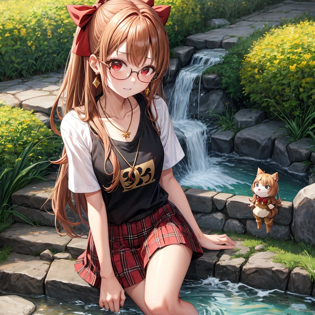 Brown, red, gold, golden hair、red eyes、one good looking girl、solo、anime、plaid mini skirt、black camisole、black t-shirt、hoodie、wearing a ribbon、ribbon at waist、Crystal Earrings、Gemstone Necklace、Light and shadow、Tilting face、teeth are visible、pillar、evil looking face、Kuroko、Diamond dust、grassland、Water running down the stairs、overflowing、Ants are walking、sulking、is increasing、Wear glasses