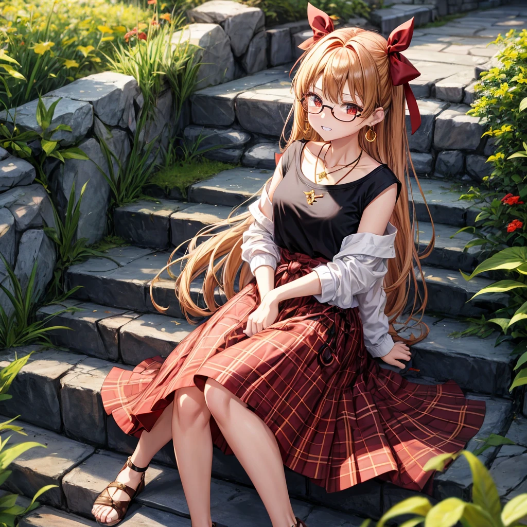 Brown, red, gold, golden hair、red eyes、one good looking girl、solo、anime、plaid mini skirt、black camisole、black t-shirt、hoodie、wearing a ribbon、ribbon at waist、Crystal Earrings、Gemstone Necklace、Light and shadow、Tilting face、teeth are visible、pillar、evil looking face、Kuroko、Diamond dust、grassland、Water running down the stairs、overflowing、Ants are walking、sulking、is increasing、Wear glasses