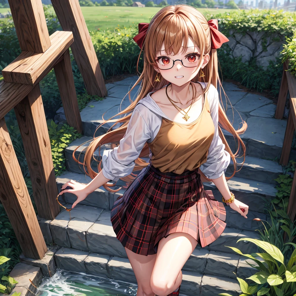 Brown, red, gold, golden hair、red eyes、one good looking girl、solo、anime、plaid mini skirt、black camisole、black t-shirt、hoodie、wearing a ribbon、ribbon at waist、Crystal Earrings、Gemstone Necklace、Light and shadow、Tilting face、teeth are visible、pillar、evil looking face、Kuroko、Diamond dust、grassland、Water running down the stairs、overflowing、Ants are walking、sulking、is increasing、Wear glasses