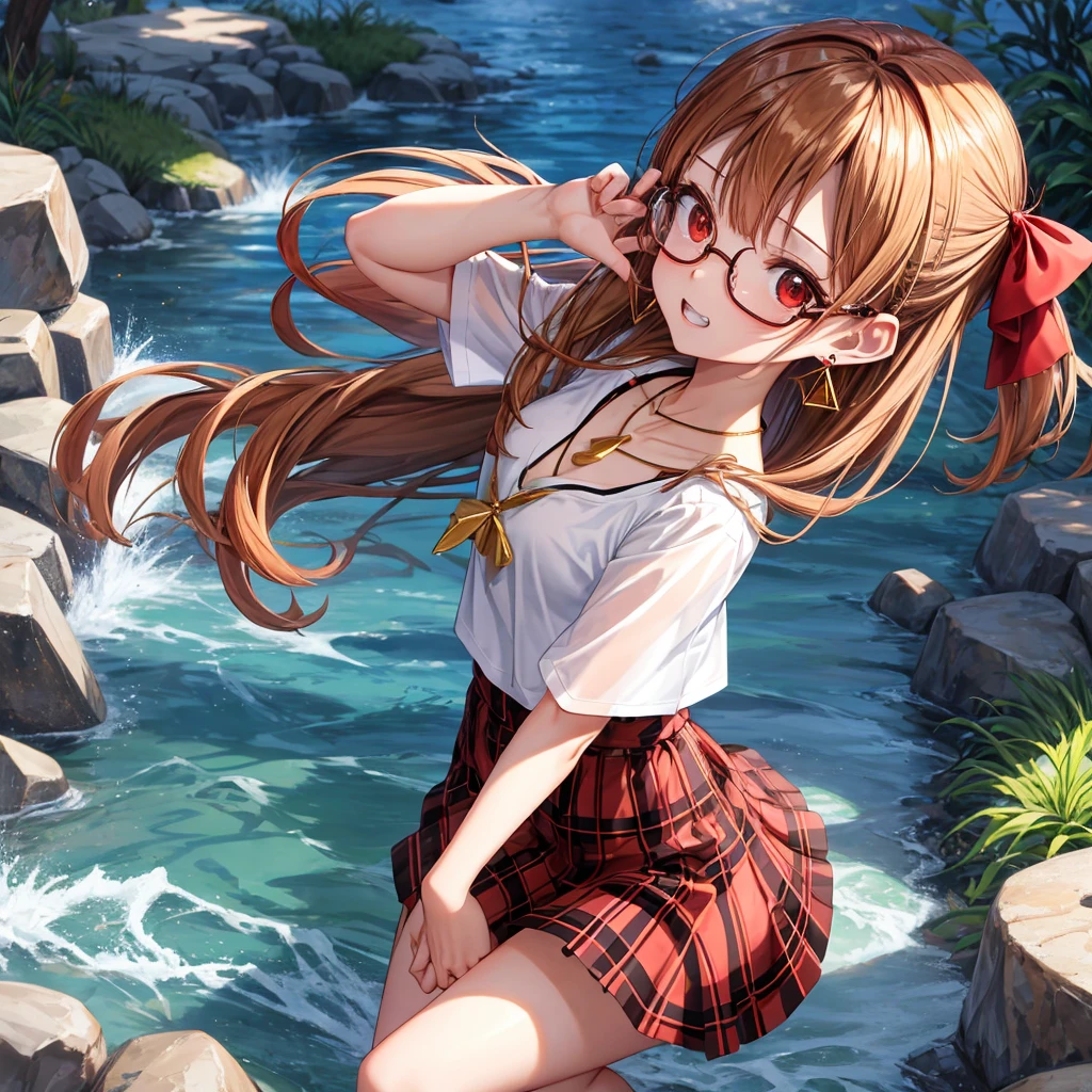 Brown, red, gold, golden hair、red eyes、one good looking girl、solo、anime、plaid mini skirt、black camisole、black t-shirt、hoodie、wearing a ribbon、ribbon at waist、Crystal Earrings、Gemstone Necklace、Light and shadow、Tilting face、teeth are visible、pillar、evil looking face、Kuroko、Diamond dust、grassland、Water running down the stairs、overflowing、Ants are walking、sulking、is increasing、Wear glasses