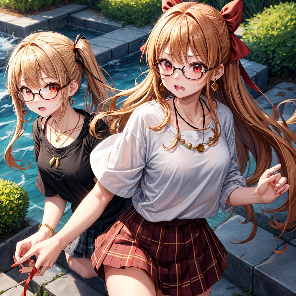 Brown, red, gold, golden hair、red eyes、one good looking girl、solo、anime、plaid mini skirt、black camisole、black t-shirt、hoodie、wearing a ribbon、ribbon at waist、Crystal Earrings、Gemstone Necklace、Light and shadow、Tilting face、teeth are visible、pillar、evil looking face、Kuroko、Diamond dust、grassland、Water running down the stairs、overflowing、Ants are walking、sulking、is increasing、Wear glasses