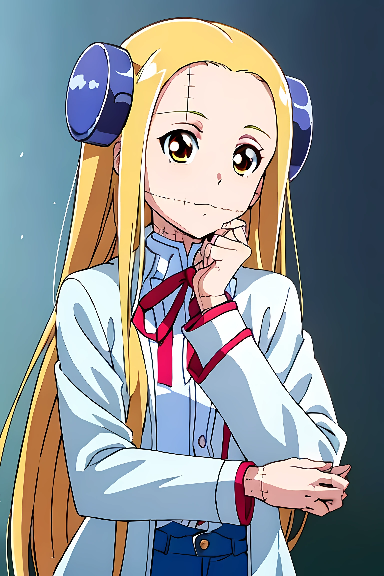 (highest quality:1.3),(ultra-become familiar with:1.5),High resolution,extremely become familiar with CG,unity 8k wallpaper,official art,become familiar with,super become familiar with skin,perfect ???????,beautiful become familiar with eyes,(anime screenshot:1.11),very delicate and beautiful,(90s anime,90s anime style,cel shaded anime:1.17),1 girl,anmnr,
((madaraki_fran:1.52)),Light blonde long hair,brown eyes,((((wearing a white coat)))),stitch,body scars,Creepy look,closed mouth smile,Drooping eyes,