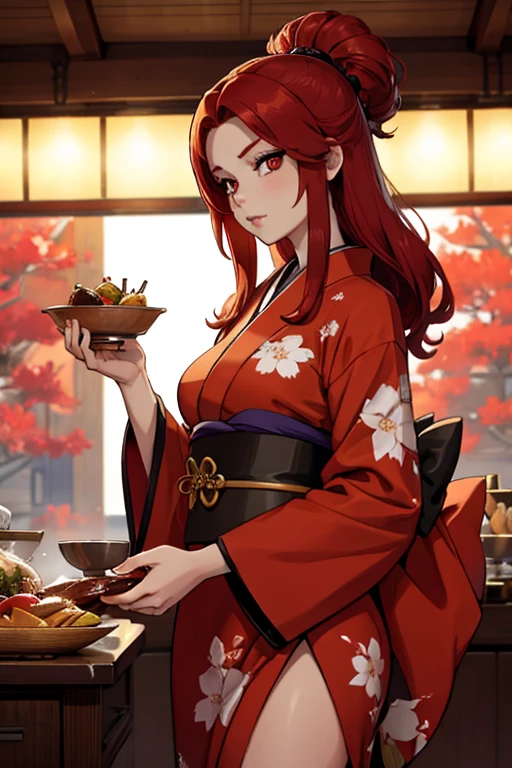 A red haired woman with red eyes with an hourglass figure in a conservative traditional kimono is eating a traditional festival desert