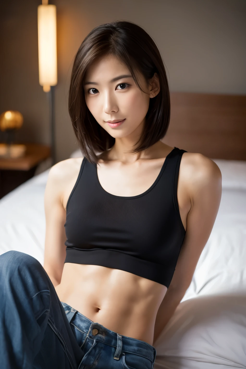 ((Realistic lighting, best qualtiy, 8k, masterpiece:1.3)), Skinny Japanese woman, 30 years old, 1girl, Perfect Figure:1.4, Slim abs:1.1, small breasts, very thin waist, ((dark brown hair)), (White crop top:1.4）,（exteriors，during night：1.1），Sit on the indoor bed，detailed face，detailed eyes，double eyelid