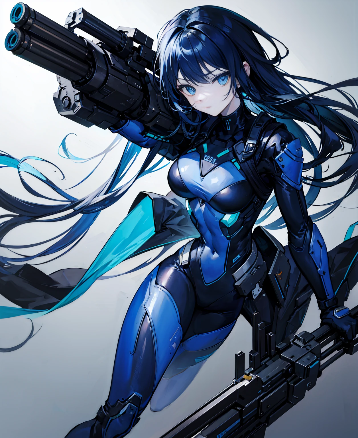 no background,girl,carry a firearm,Enamel-like tight suit,use of firearms,dark blue long hair,attention arousal,blue colored eyes,no gradation