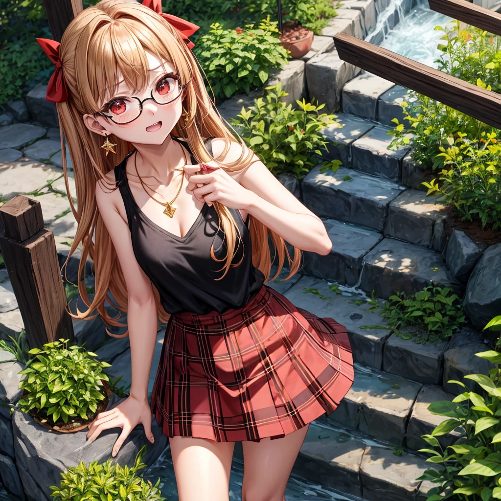 Brown, red, gold, golden hair、red eyes、one good looking girl、solo、anime、plaid mini skirt、black camisole、black t-shirt、hoodie、wearing a ribbon、ribbon at waist、Crystal Earrings、Gemstone Necklace、Light and shadow、Tilting face、teeth are visible、pillar、evil looking face、Kuroko、Diamond dust、grassland、Water running down the stairs、overflowing、Ants are walking、sulking、is increasing、Wear glasses