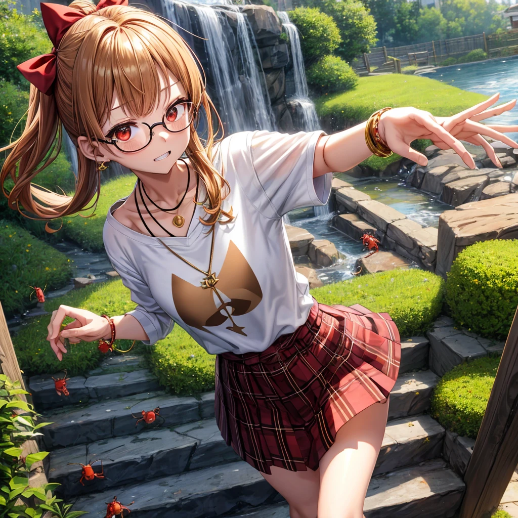 Brown, red, gold, golden hair、red eyes、one good looking girl、solo、anime、plaid mini skirt、black camisole、black t-shirt、hoodie、wearing a ribbon、ribbon at waist、Crystal Earrings、Gemstone Necklace、Light and shadow、Tilting face、teeth are visible、pillar、evil looking face、Kuroko、Diamond dust、grassland、Water running down the stairs、overflowing、Ants are walking、sulking、is increasing、Wear glasses