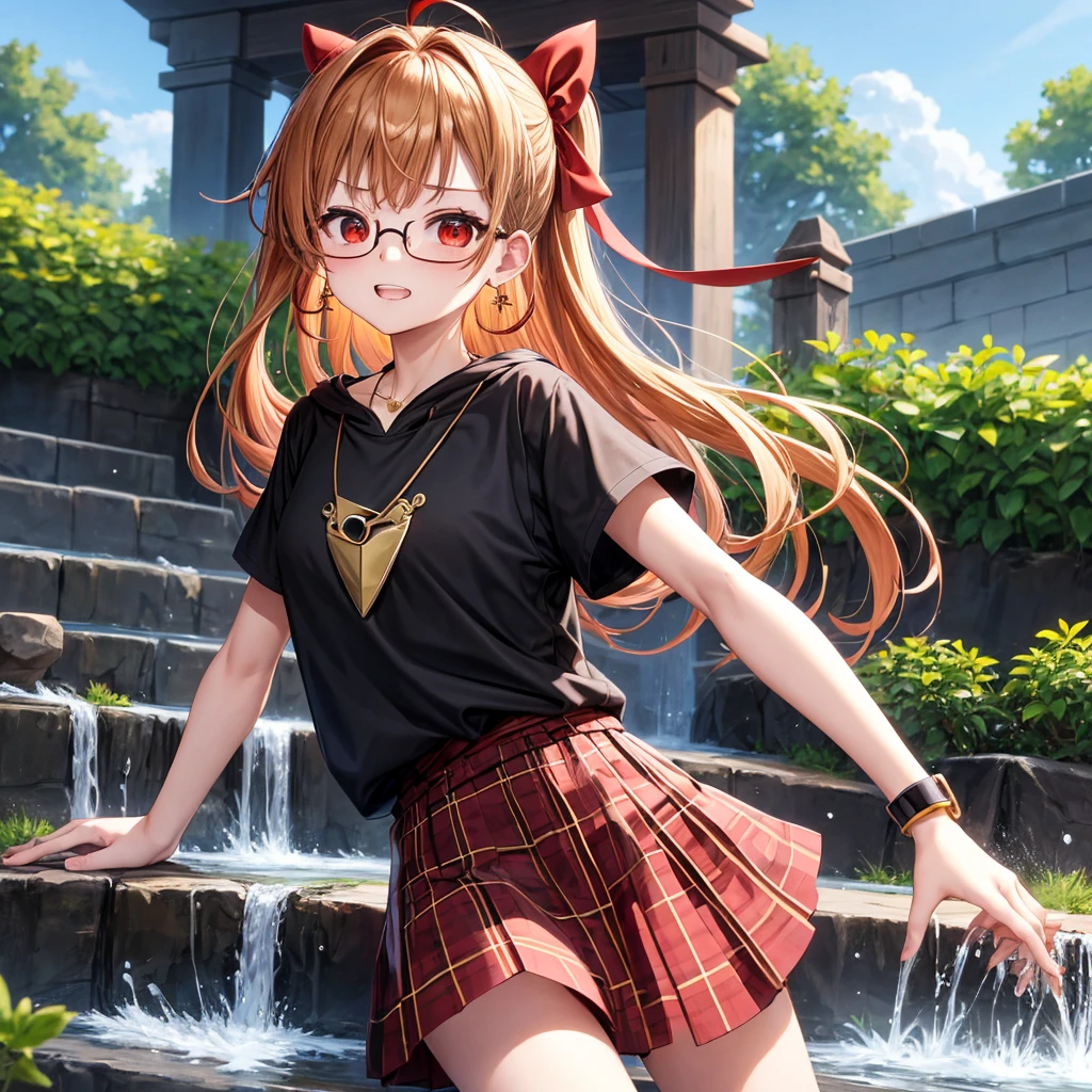 Brown, red, gold, golden hair、red eyes、one good looking girl、solo、anime、plaid mini skirt、black camisole、black t-shirt、hoodie、wearing a ribbon、ribbon at waist、Crystal Earrings、Gemstone Necklace、Light and shadow、Tilting face、teeth are visible、pillar、evil looking face、Kuroko、Diamond dust、grassland、Water running down the stairs、overflowing、Ants are walking、sulking、is increasing、Wear glasses