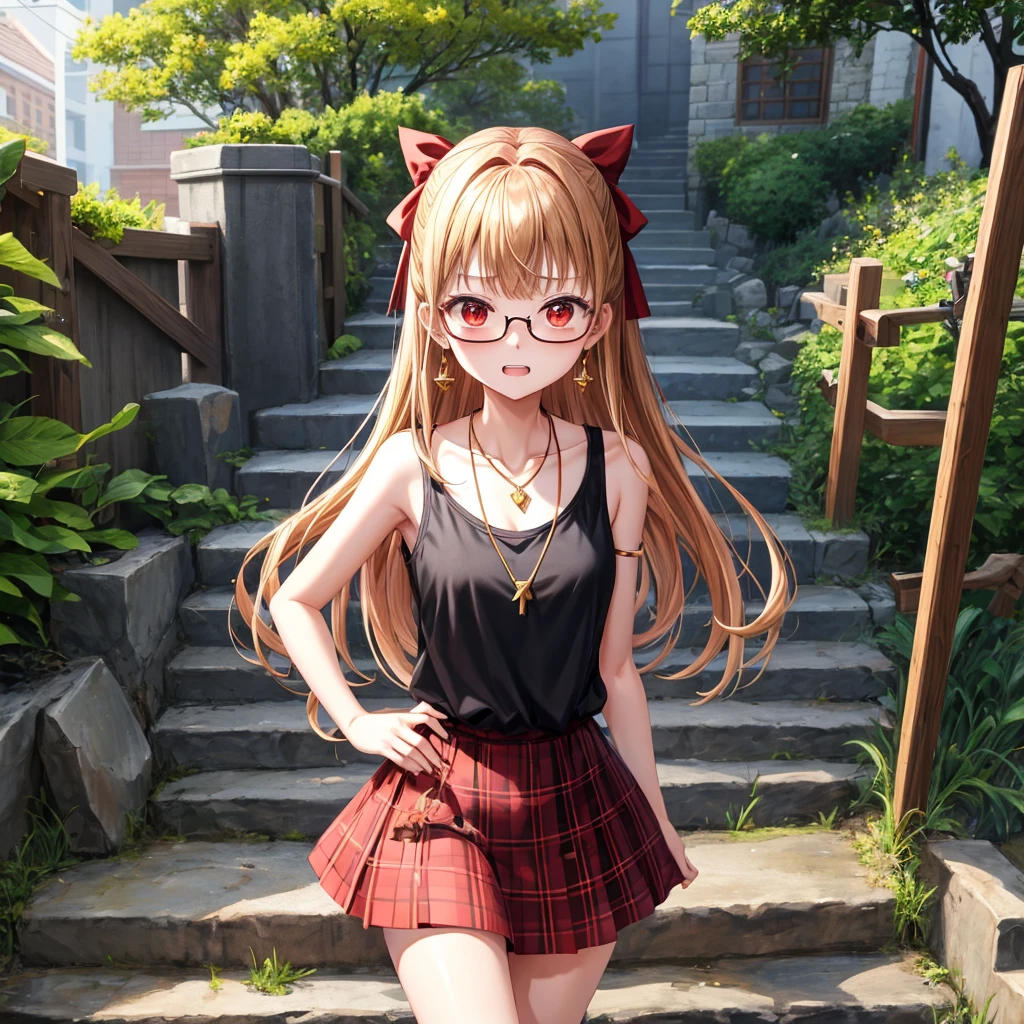 Brown, red, gold, golden hair、red eyes、one good looking girl、solo、anime、plaid mini skirt、black camisole、black t-shirt、hoodie、wearing a ribbon、ribbon at waist、Crystal Earrings、Gemstone Necklace、Light and shadow、Tilting face、teeth are visible、pillar、evil looking face、Kuroko、Diamond dust、grassland、Water running down the stairs、overflowing、Ants are walking、sulking、is increasing、Wear glasses