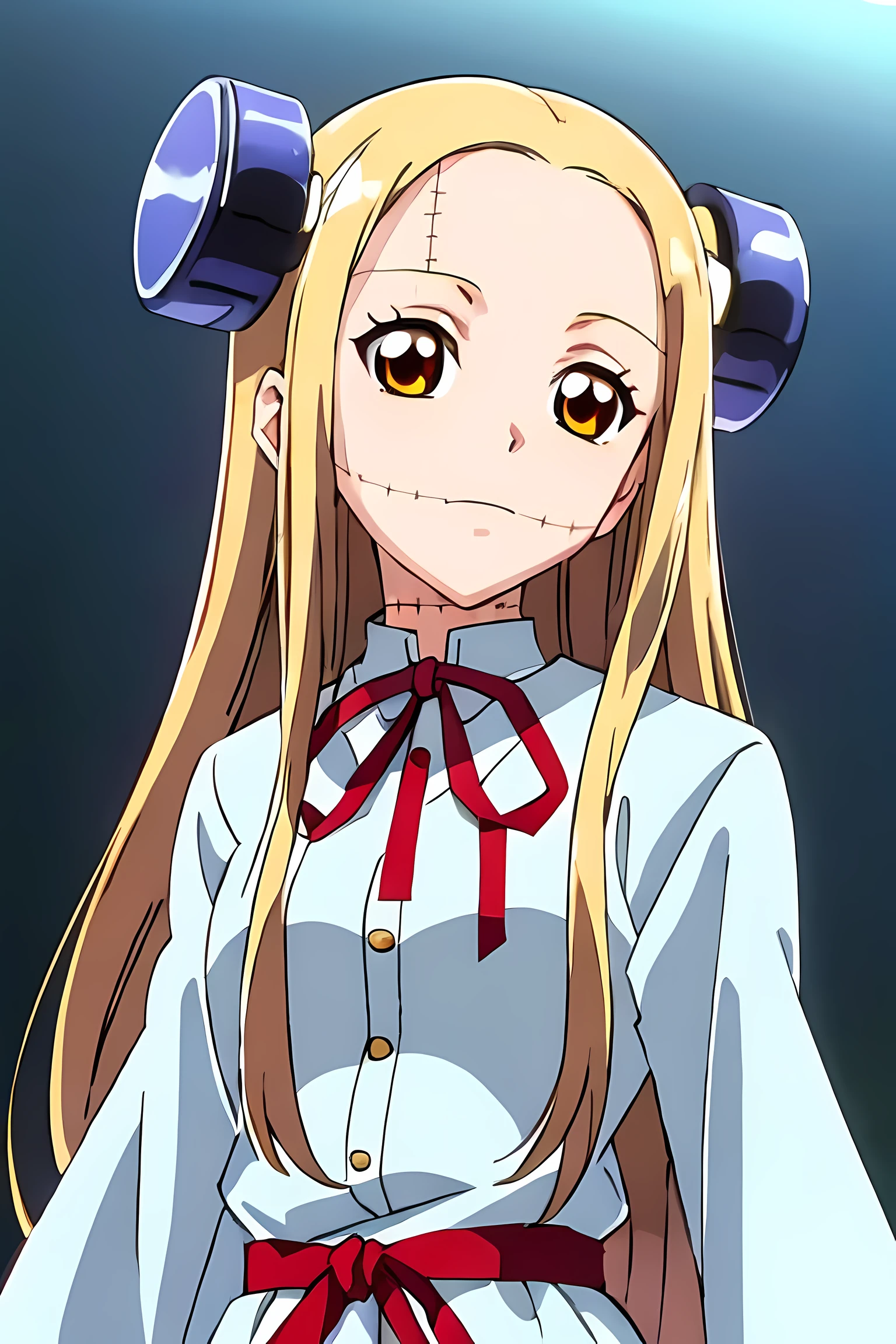 (highest quality:1.3),(ultra-become familiar with:1.5),High resolution,extremely become familiar with CG,unity 8k wallpaper,official art,become familiar with,super become familiar with skin,perfect anatomy,beautiful become familiar with eyes,(anime screenshot:1.11),very delicate and beautiful,(90s anime,90s anime style,cel shaded anime:1.17),1 girl,anmnr, 
((madaraki_fran:1.52)),Light blonde long hair,brown eyes,((((wearing a white coat)))),stitch,body scars,Creepy look,closed mouth smile,Drooping eyes,