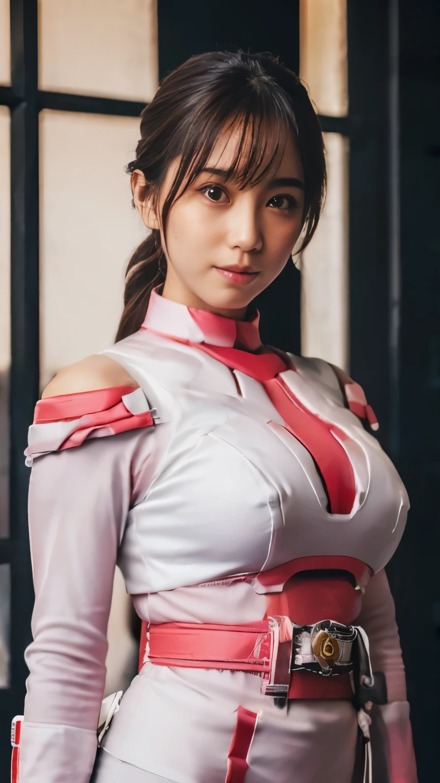 (highest quality、8K、32k、masterpiece、UHD:1.2、perfect body beauty:1.5、Wearing a shiny pale pink and white hero protector:1.8、Cute 25 year old Japan woman、big and full breasts:1.5、ponytail、Upper body、front、dynamic pose:1.5、NSWF:1.5