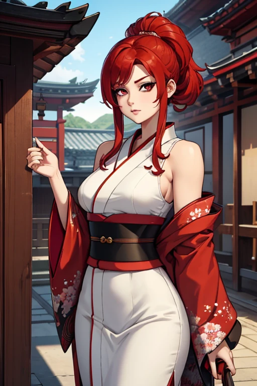 A red haired woman with red eyes with an hourglass figure in a conservative traditional kimono is at the temple during the festival