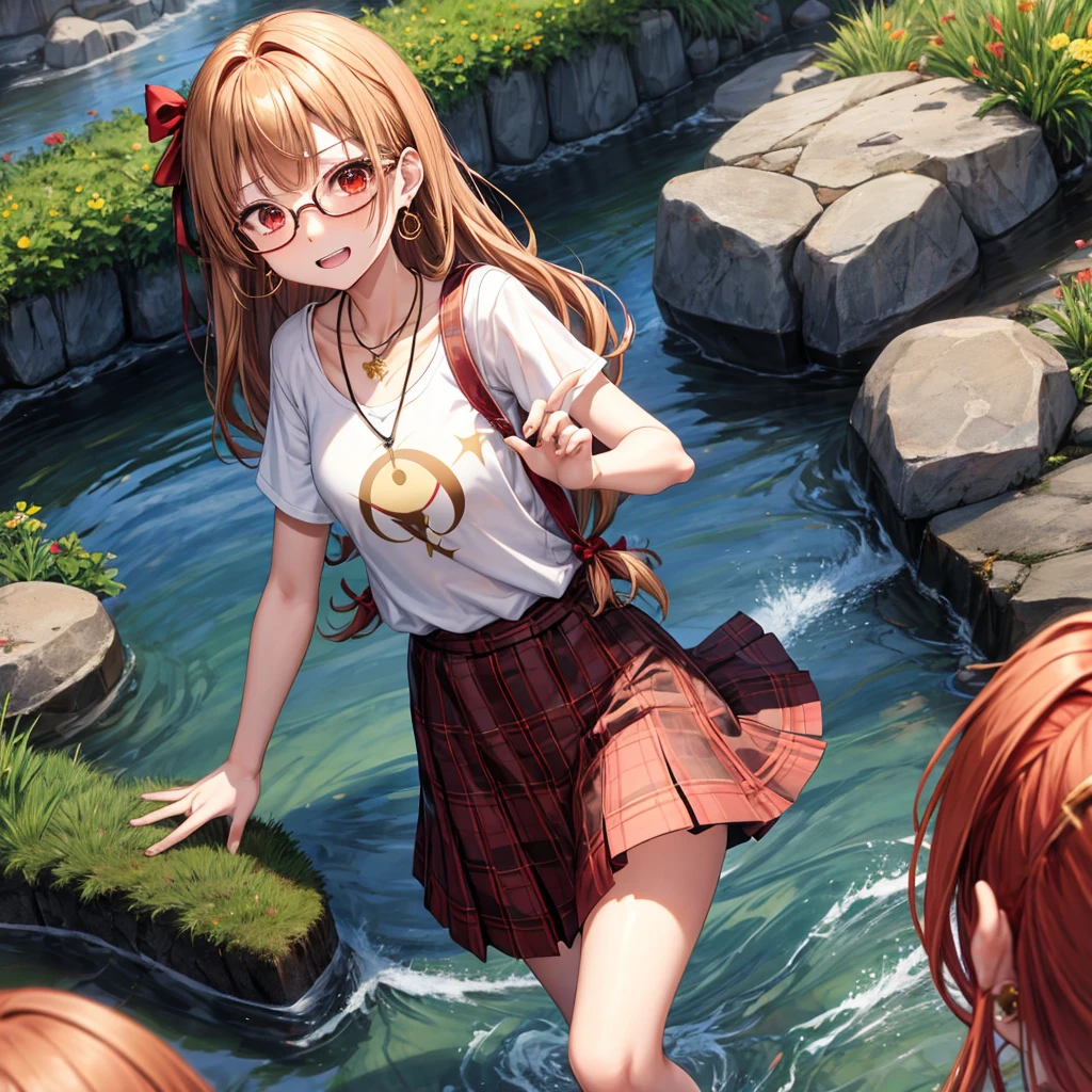 Brown, red, gold, golden hair、red eyes、one good looking girl、solo、anime、plaid mini skirt、black camisole、black t-shirt、hoodie、wearing a ribbon、ribbon at waist、Crystal Earrings、Gemstone Necklace、Light and shadow、Tilting face、teeth are visible、pillar、evil looking face、Kuroko、Diamond dust、grassland、Water running down the stairs、overflowing、Ants are walking、sulking、is increasing、Wear glasses