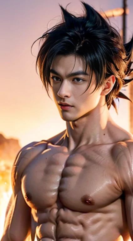 Goku dragon ball z,Naked upper body,musculature,Black hair,brown eyes, serius face,Handsome boys,