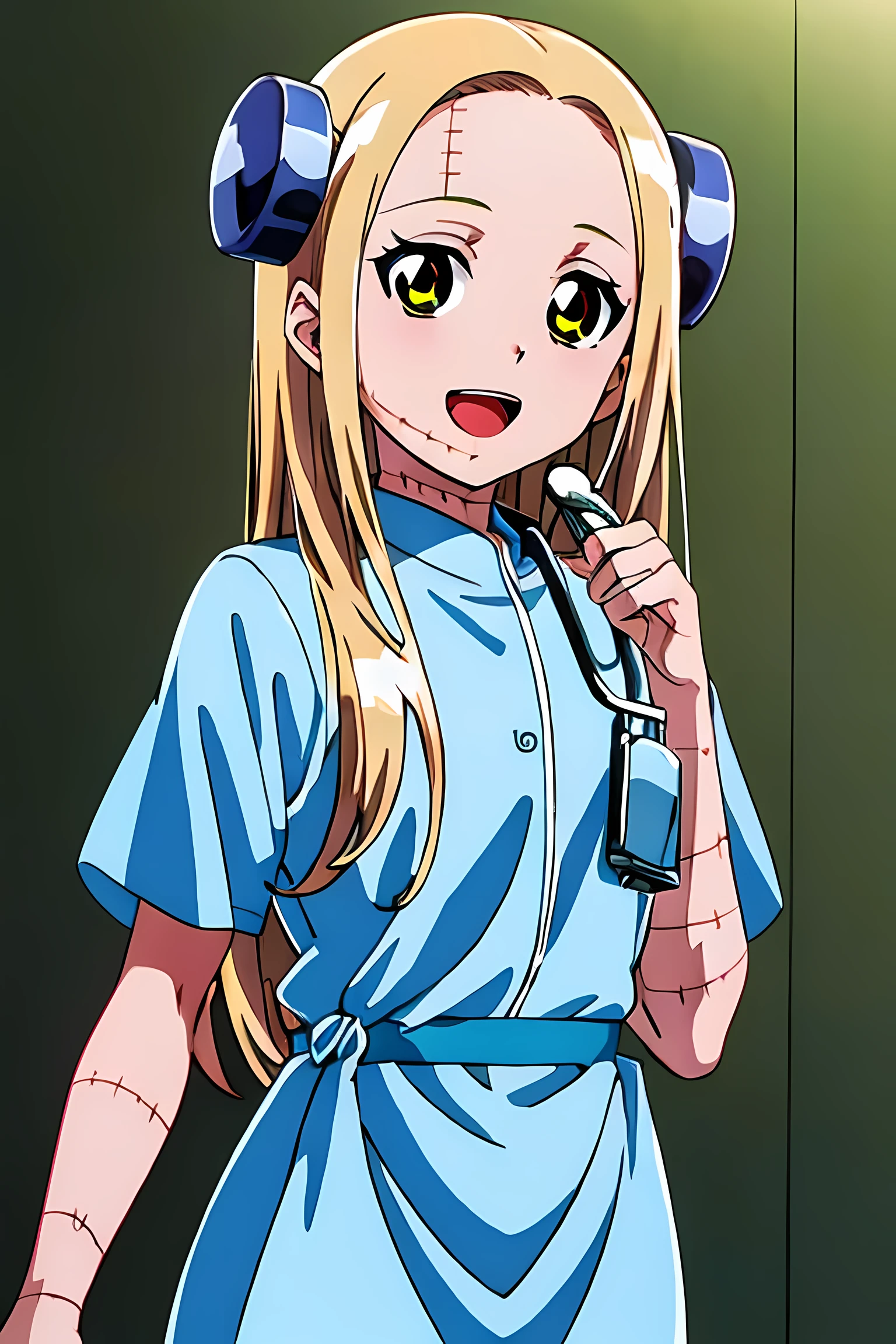 (highest quality:1.3),(ultra-become familiar with:1.5),High resolution,extremely become familiar with CG,unity 8k wallpaper,official art,become familiar with,super become familiar with skin,perfect anatomy,beautiful become familiar with eyes,(anime screenshot:1.11),very delicate and beautiful,(90s anime,90s anime style,cel shaded anime:1.17),1 girl,anmnr,
((madaraki_fran:1.52)),Light blonde long hair,brown eyes,((((wearing surgical gown)))),stitch,body scars,Creepy look,open mouth smile,Drooping eyes,