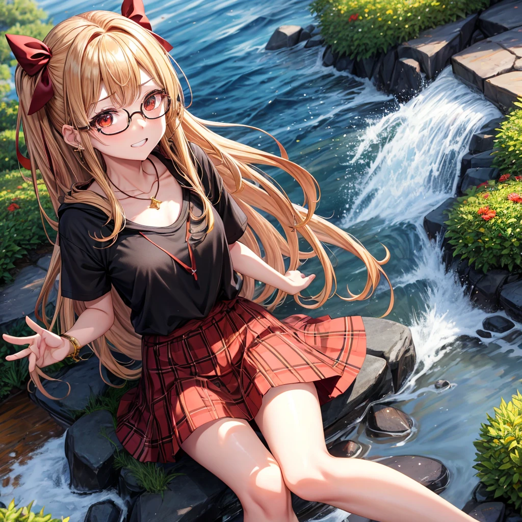Brown, red, gold, golden hair、red eyes、one good looking girl、solo、anime、plaid mini skirt、black camisole、black t-shirt、hoodie、wearing a ribbon、ribbon at waist、Crystal Earrings、Gemstone Necklace、Light and shadow、Tilting face、teeth are visible、pillar、evil looking face、Kuroko、Diamond dust、grassland、Water running down the stairs、overflowing、Ants are walking、sulking、is increasing、Wear glasses