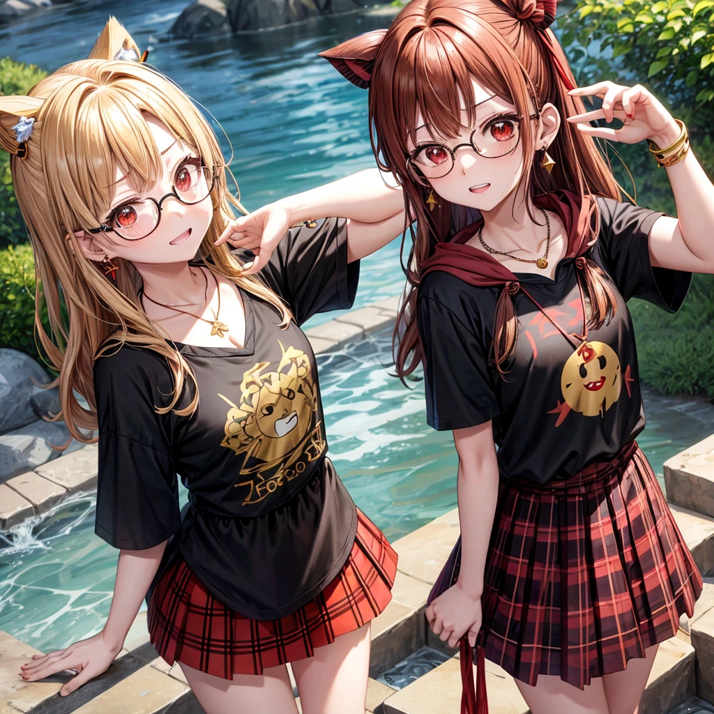 Brown, red, gold, golden hair、red eyes、one good looking girl、solo、anime、plaid mini skirt、black camisole、black t-shirt、hoodie、wearing a ribbon、ribbon at waist、Crystal Earrings、Gemstone Necklace、Light and shadow、Tilting face、teeth are visible、pillar、evil looking face、Kuroko、Diamond dust、grassland、Water running down the stairs、overflowing、Ants are walking、sulking、is increasing、Wear glasses