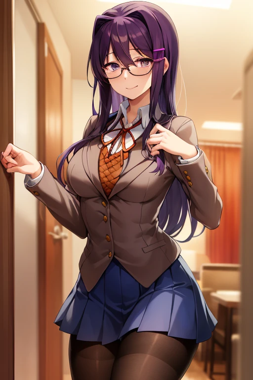 2d, masterpiece, ((squating)) white panties, slim body, slim legs, spread legs, best quality, ((full body)), full pose, anime, highly detailed, cowboy shot, 1girl, solo, yuri, purple hair, purple eyes, long hair, hair between eyes, hairclip, , blazer, brown sweater, collared shirt, neck ribbon, blue skirt, black pantyhose, black school shoes, smile, teeth, bed, squatting:1.3, hotel room, geek glasses,