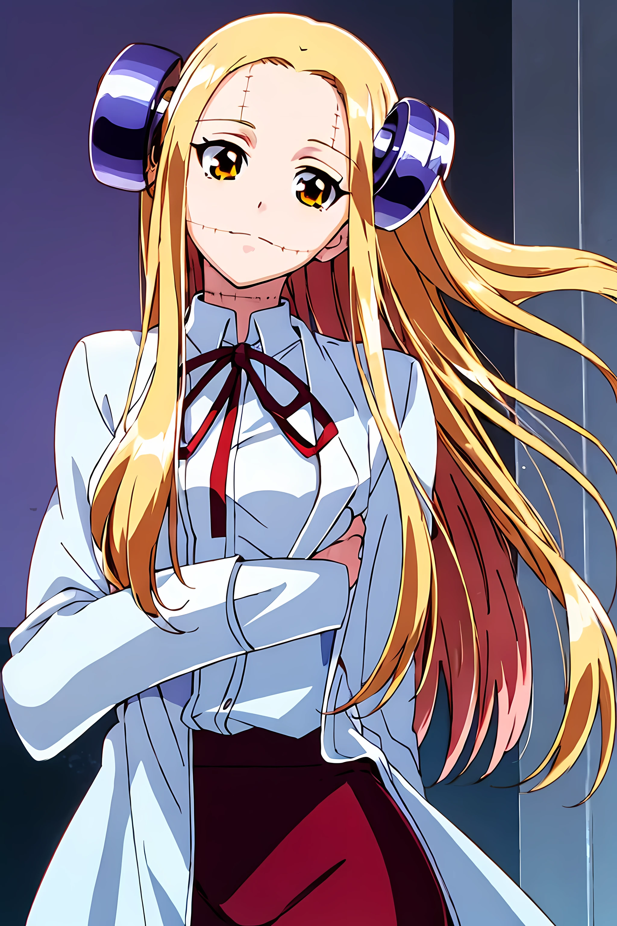 (highest quality:1.3),(ultra-become familiar with:1.5),High resolution,extremely become familiar with CG,unity 8k wallpaper,official art,become familiar with,super become familiar with skin,perfect anatomy,beautiful become familiar with eyes,(anime screenshot:1.11),very delicate and beautiful,(90s anime,90s anime style,cel shaded anime:1.17),1 girl,anmnr, 
((madaraki_fran:1.52)),Light blonde long hair,brown eyes,((((wearing a white coat)))),stitch,body scars,Creepy look,closed mouth smile,Drooping eyes,