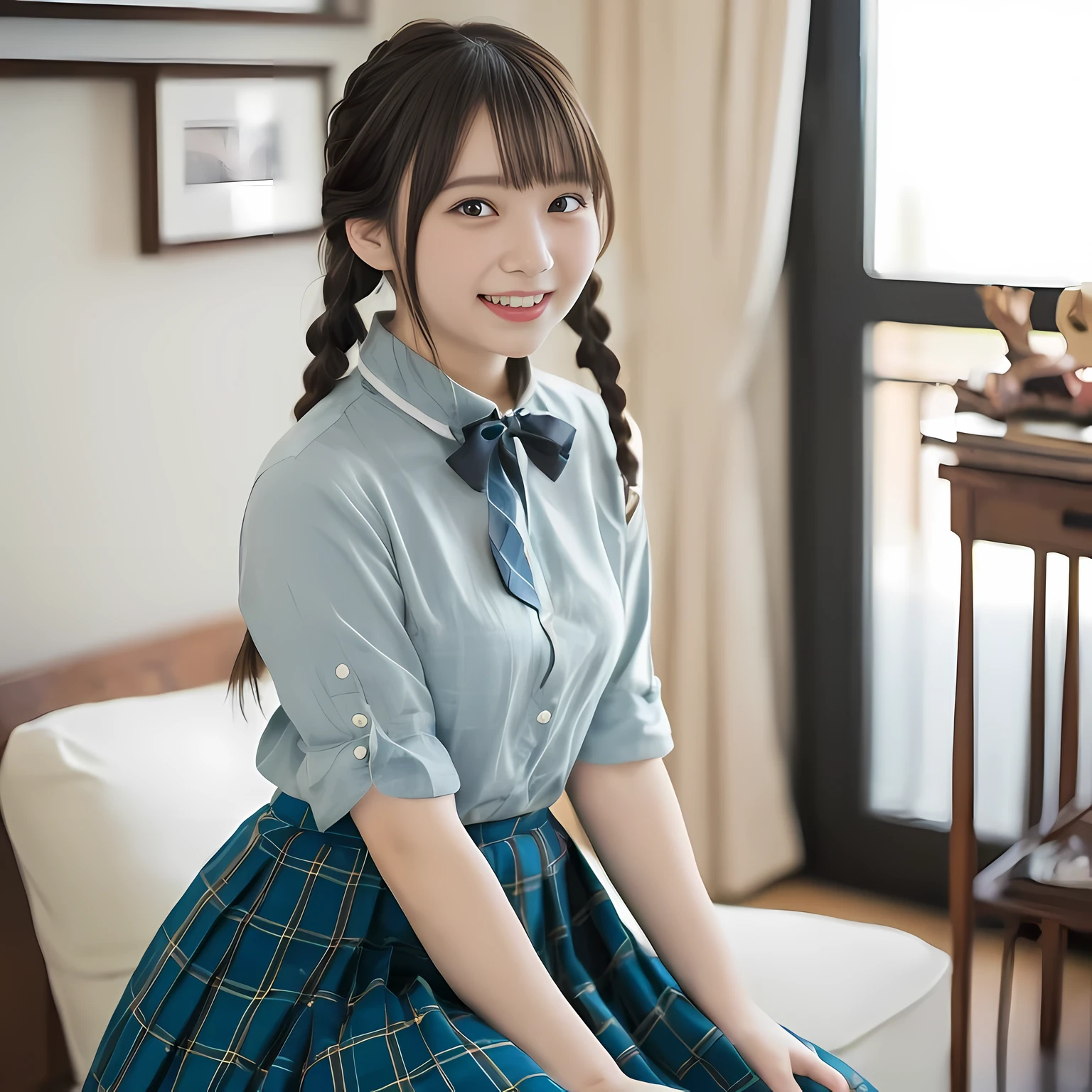 (highest quality、masterpiece:1.2)、highest quality、realistic、photograph、High resolution、1080p、8K、Pale, rough skin、The face is especially pale., physical rendering、((Height: 155cm)), one Japanese girl、A siren who looks like a Japanese junior high school student sitting in a music room、cute japanese girl, , , (((big very detailed beautiful dark brown eyes))), ((blue girly large wine-red glossy polyester Japanese school ribbon bow tie)), ((((very beautiful black long braids hair)))), ((((deep blue colored tartan checkered formal long pleated pleated skirt)))), ((Shiny beige blouse)), (((Looking at the viewers with loving eyes, smiling))), ((((Very happy)))), mouth is open, The big skirt is very cute, detailed fingers, Slender body, ((curled bangs)), so beautiful, long eyelashes, ((Very big and very very very cute eyes of a Japanese girl)), ((large pupils)), double eyelids, The entire skirt is photographed, Very cute face, thin eyebrows, ((drooping eyes)), ((long eyelashes)), ((cute lovely lovely laughing laughing cheeks)), ((The pure white light hits her face from the front, making her skin and eyes shine beautifully.)), (((((Very neat and so beautiful))))), shot from the side, ((idol face)), ((The sun is shining on my cheeks))