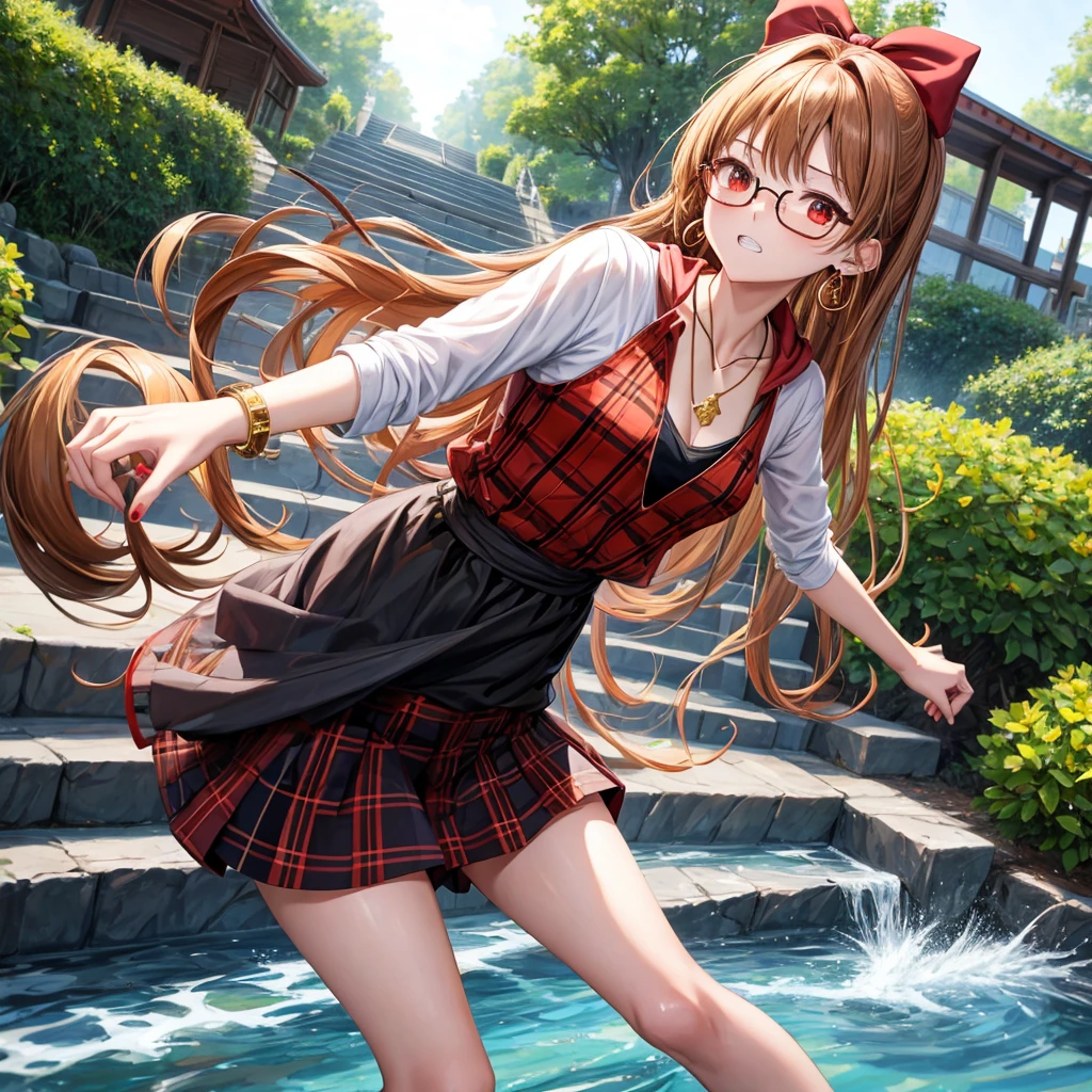 Brown, red, gold, golden hair、red eyes、one good looking girl、solo、anime、plaid mini skirt、black camisole、black t-shirt、hoodie、wearing a ribbon、ribbon at waist、Crystal Earrings、Gemstone Necklace、Light and shadow、Tilting face、teeth are visible、pillar、evil looking face、Kuroko、Diamond dust、grassland、Water running down the stairs、overflowing、Ants are walking、sulking、is increasing、Wear glasses