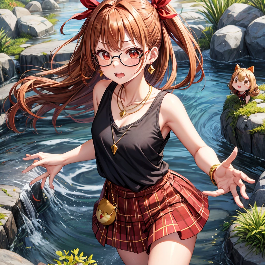 Brown, red, gold, golden hair、red eyes、one good looking girl、solo、anime、plaid mini skirt、black camisole、black t-shirt、hoodie、wearing a ribbon、ribbon at waist、Crystal Earrings、Gemstone Necklace、Light and shadow、Tilting face、teeth are visible、pillar、evil looking face、Kuroko、Diamond dust、grassland、Water running down the stairs、overflowing、Ants are walking、sulking、is increasing、Wear glasses