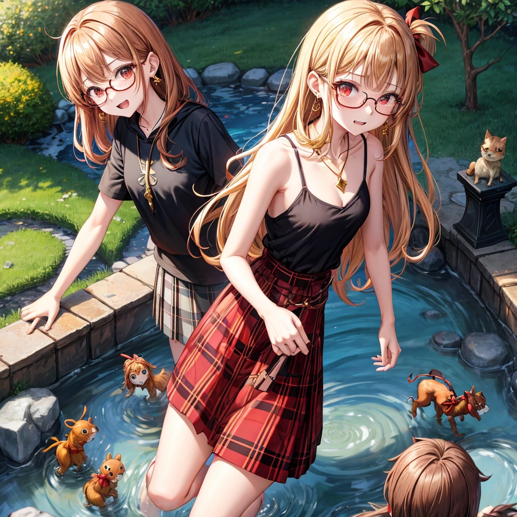 Brown, red, gold, golden hair、red eyes、one good looking girl、solo、anime、plaid mini skirt、black camisole、black t-shirt、hoodie、wearing a ribbon、ribbon at waist、Crystal Earrings、Gemstone Necklace、Light and shadow、Tilting face、teeth are visible、pillar、evil looking face、Kuroko、Diamond dust、grassland、Water running down the stairs、overflowing、Ants are walking、sulking、is increasing、Wear glasses