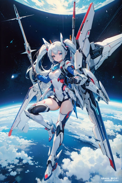 High resolution, high resolution, high definition, 8k. Perfect face.perfect feet perfect hands, perfect feet,A-Mecha Musume.1 girl.solo,white paper,twin tails,long, carrying a spear;Outside the spaceship, background space,