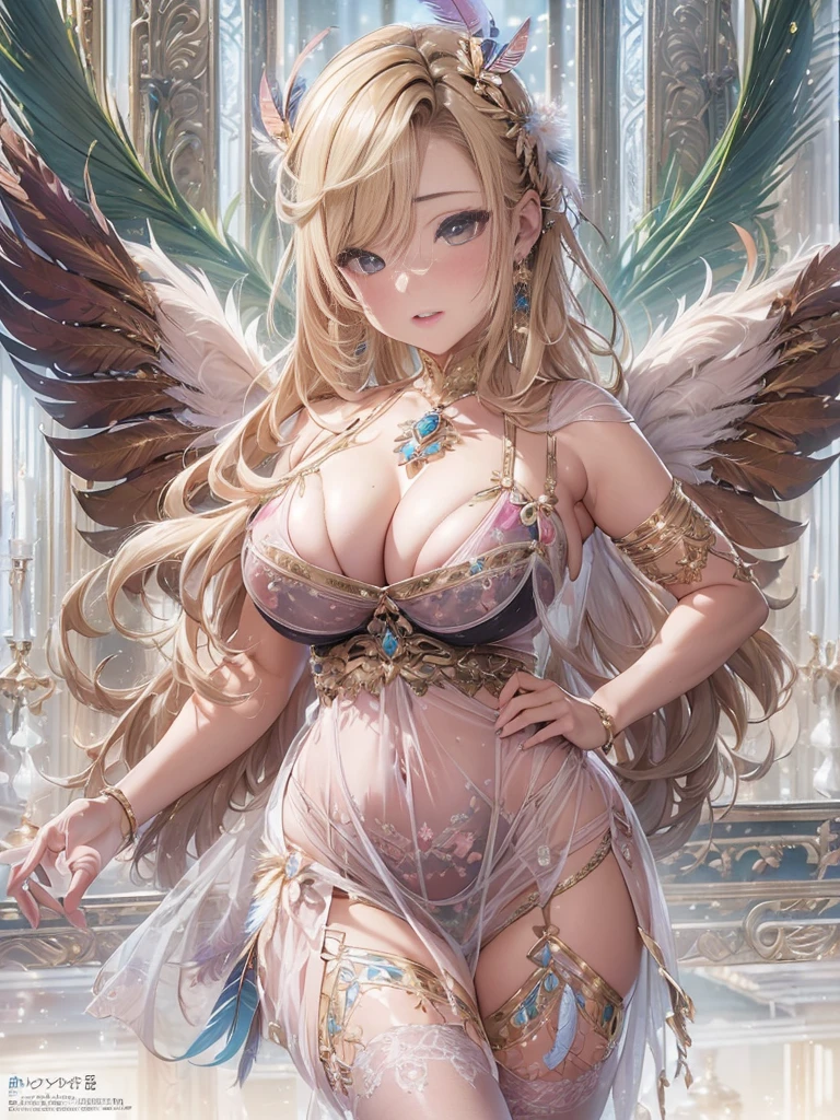 beautiful beauty, 3D 2 dimensions, rich, blonde, skirt, stockings, high heels, star、(Highly detailed CG Unity 8K wallpaper),(masterpiece), (最high quality), (Super detailed), (best illustration),(best shadow), (sharp eyeliner, eye shadow, fine eye:1.1), (超High resolution,realistic,最high quality,realistic),(8K,Raw photo,最high quality),mature woman、sensual curves、huge breasts、thighs、bubble、お尻のmasterpiece, 最high quality, Super detailed, full body shot,美しい mature woman, nightgown and underwear, enchanting smile, thick lips, plump lips, blush, looking at the viewer, provocative expression, beautiful hairstyle, cleavage, Plump、curvy hips、attractive face、sexy lingerie、an inviting gaze、expression of emotions、(((erotic see-through lingerie set)))、Standing position、gorgeous accessories 、big breasted woman, bare shoulders, golden hair, colored feather, metal ornaments, coloredflowers, particle, light, (masterpiece, 最high quality, 最high quality, official art, beautiful and aesthetic:1.2), (1 girl:1.3), very detailed,(fractal art:1.1),(colorful:1.1)、(flowers:1.3),most detailed,(dynamic pose), (shiny skin), (lots of colors :1.4), ,(earrings:1.4), (feather:1.4),different hairstyles，plump breasts，beautiful butt，greek clothing，Tulle covers the chest，perfect balance, marble，Statue of God，cinematic lighting, film grain,high detail, high quality, High resolution,(((NSFW:1.2)))、exposed chest、openwork decoration，(((see through dress)))、(((解剖学的に正しいbody))) , 最high quality, Super detailed, (((lewd underwear)))、raise your butt, from below, (((R-18)))、blush, (((1 girl))), (masterpiece:1.3), (High resolution), (8K), (very detailed), perfect face, Nice eye and face, (((最high quality))), (Super detailed), detailed face and eye, (alone), High resolution、美しいeye,(((sexy pose)))、(((well-formed large breasts)))、((美しい eye))、luxury、(((超High resolution)))、(((detailed description)))、(((ぽっちゃりbody型)))、(((解剖学的構造に一致したbodyの部位)))、Beautiful long lashes、バランスのとれたbody型、２book arm、2 feet、Just the right size for your legs and arms、Fishnet tights、glamorous、(((Clear white and black eye)))、lipstick、Sparkling、(Undistorted face, eye, body)、jewelry、gem、(Beautiful long curled eyelashes)、(((Beautiful well-balanced breasts)))、(transparent, Exquisite skin:1.2)