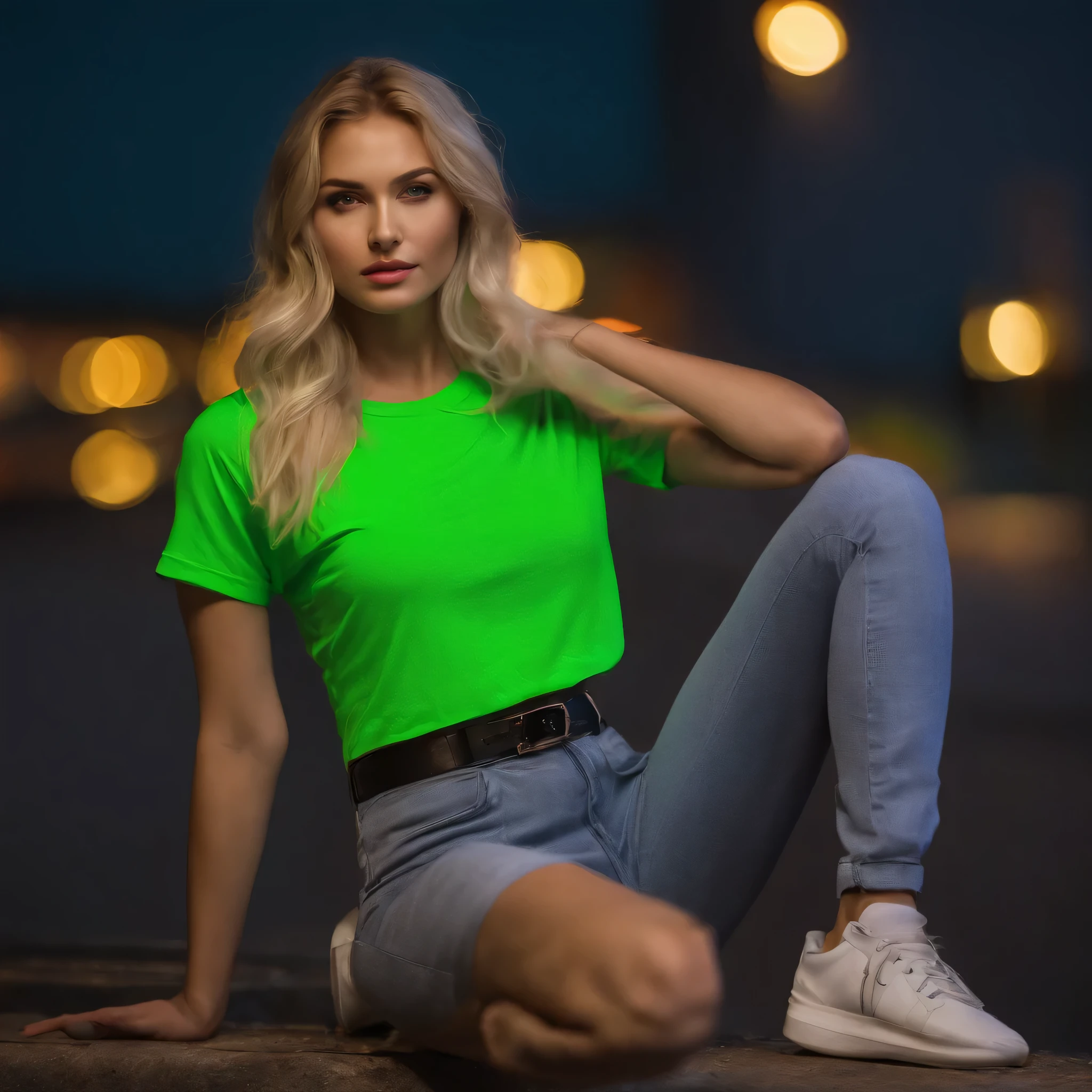 Girl, 24 years old, thin, tall, modest, medium breasts, neon style, blonde, green eyes, beautiful, bold, neon light, neon background, wearing pants and t-shirt, on style Джесси Макминна