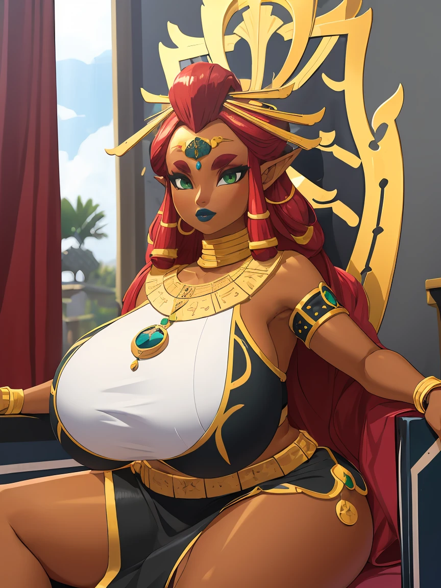 (((gigantic breasts))), green eyes, dark blue lips, sitting on a throne, Riju