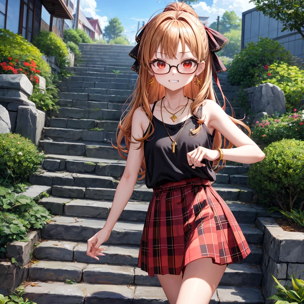 Brown, red, gold, golden hair、red eyes、one good looking girl、solo、anime、plaid mini skirt、black camisole、black t-shirt、hoodie、wearing a ribbon、ribbon at waist、Crystal Earrings、Gemstone Necklace、Light and shadow、Tilting face、teeth are visible、pillar、evil looking face、Kuroko、Diamond dust、grassland、Water running down the stairs、overflowing、Ants are walking、sulking、is increasing、Wear glasses