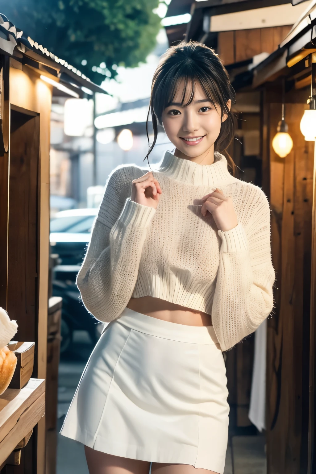 1 girl,full body shot、Japanese,, medium black hair,a little freckles,big breasts、Work at a traditional Japanese food stall,proper body proportions,Super high quality output image,High resolution,intricate details,Her hair blowing in the wind is so delicate and beautiful,realistic pictures,dream-like,professional lighting,realistic shadow,focus only,beautiful hands,beautiful fingers,Detailed characteristics of hair,detailed facial features, No bra、White small high-leg panties,torn skirt,,dynamic pose、unique pants style、wear light knitwear、