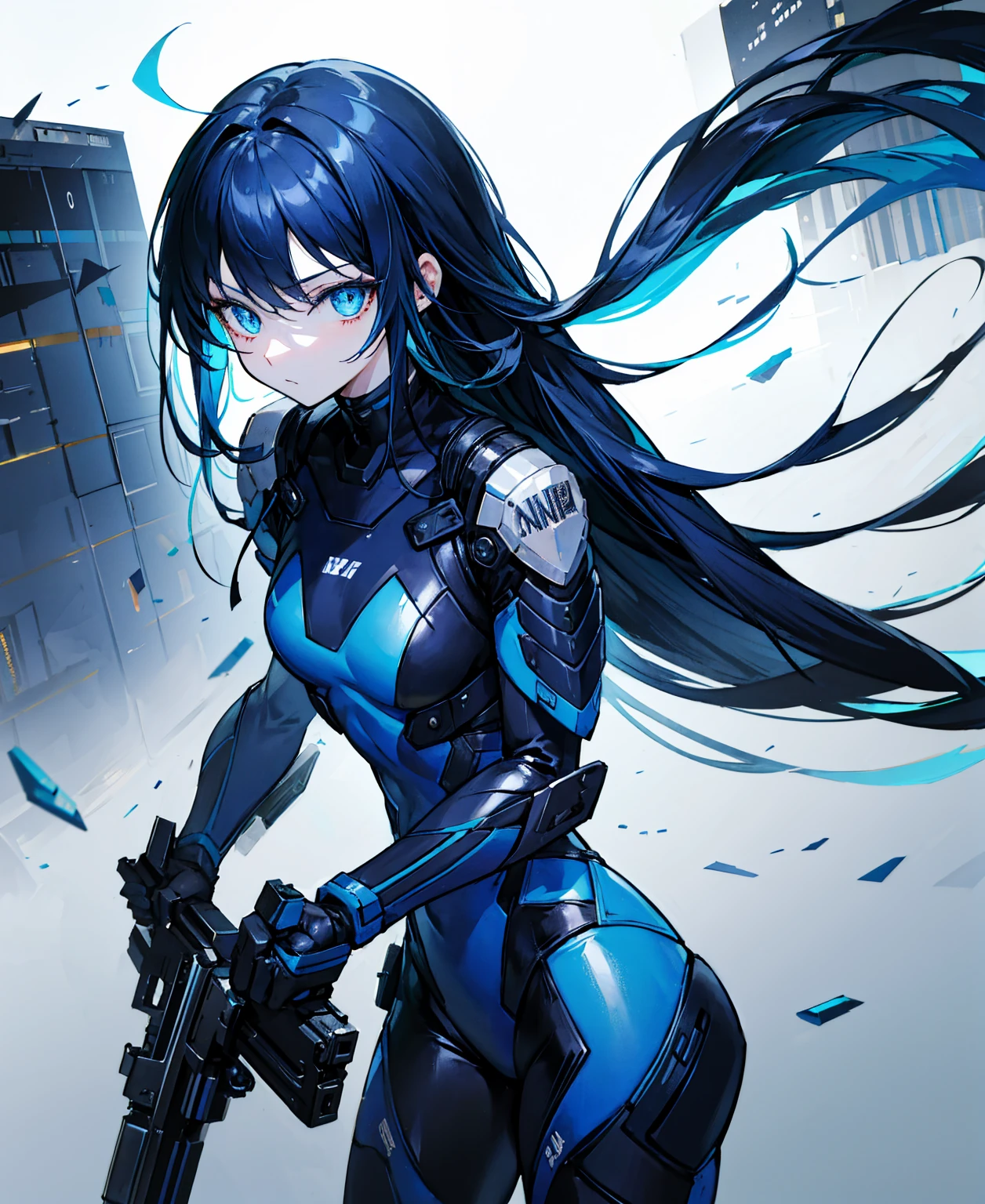 no background,girl,carry a firearm,Enamel-like tight suit,use of firearms,dark blue long hair,attention arousal,blue colored eyes,no gradation