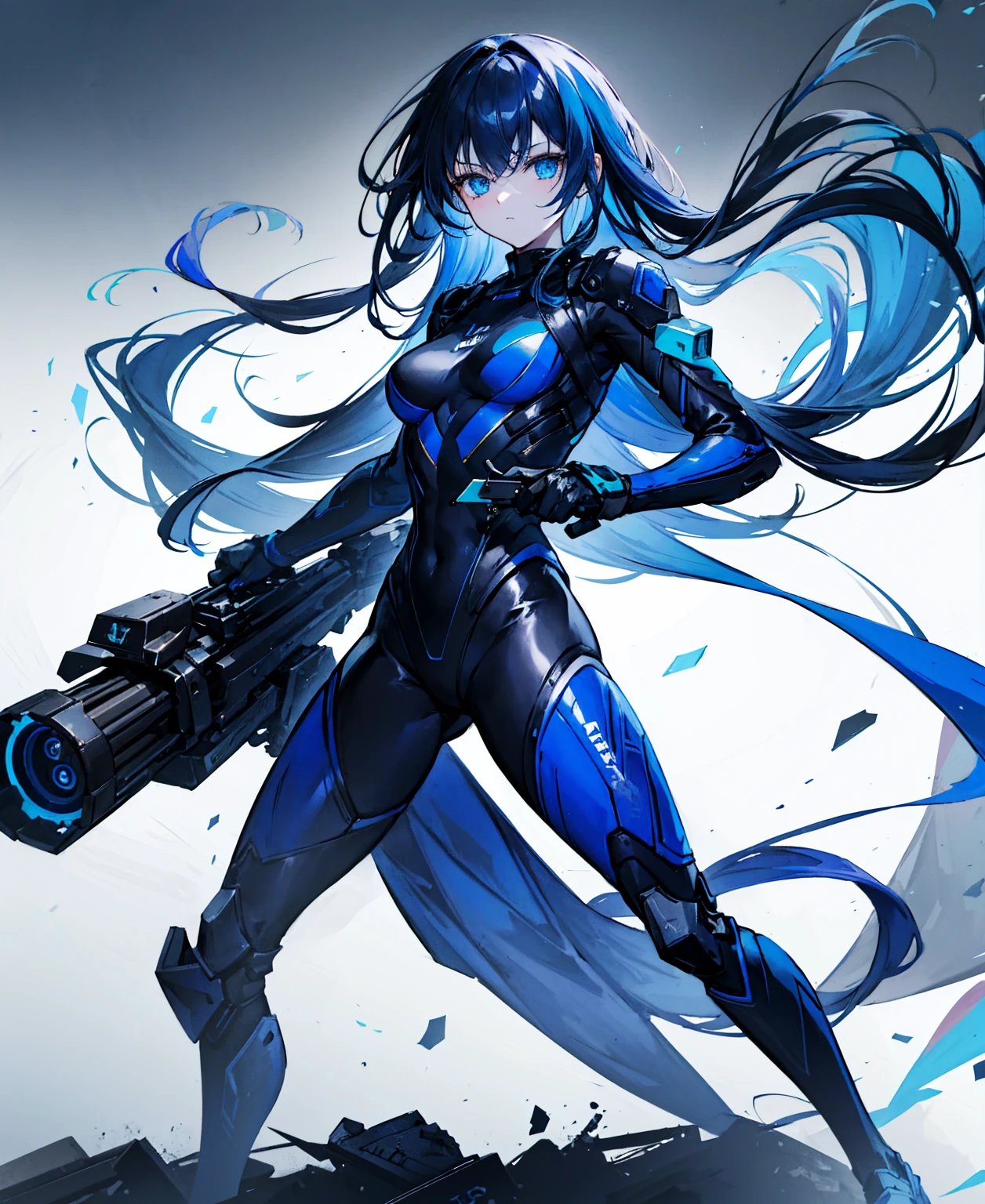 no background，girl，carry a firearm，Enamel-like tight suit，use of firearms，dark blue long hair，attention arousal，blue colored eyes,no gradation