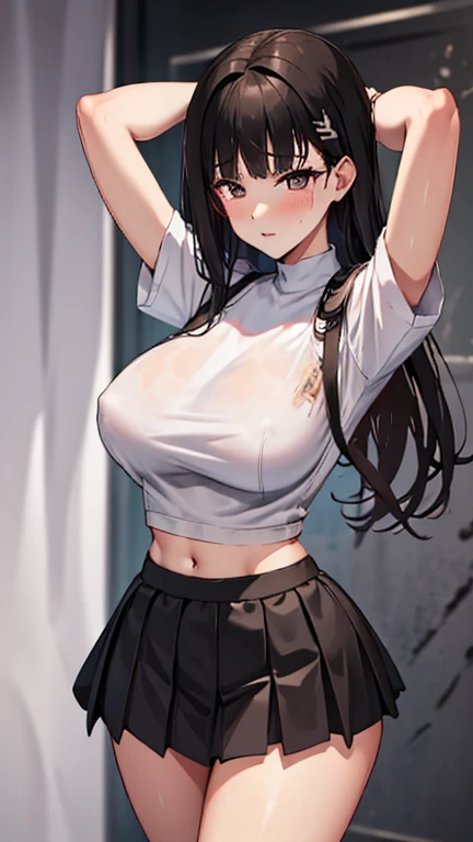 Ripped pleated skirt，torn shirt，Damaged clothing，severely injured，combat damage，huge breasts，blush，Gently gasp，There are holes in the clothes，Broken black