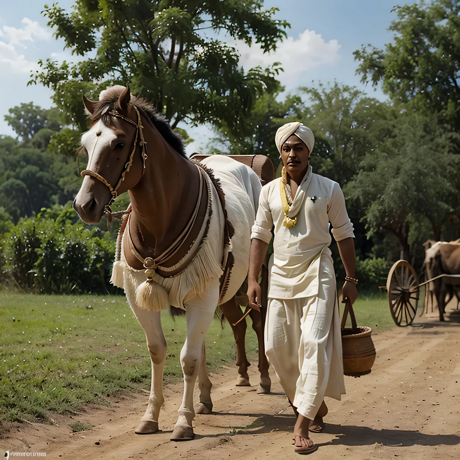 A Create a realistic high definition illusion for a Facebook post. A man is dressed in Rajasthani attire, a dhoti-kurta and a turban on his head. He looks forward, holding a stick in his hand. There is a green environment in the background and a bullock cart nearby.