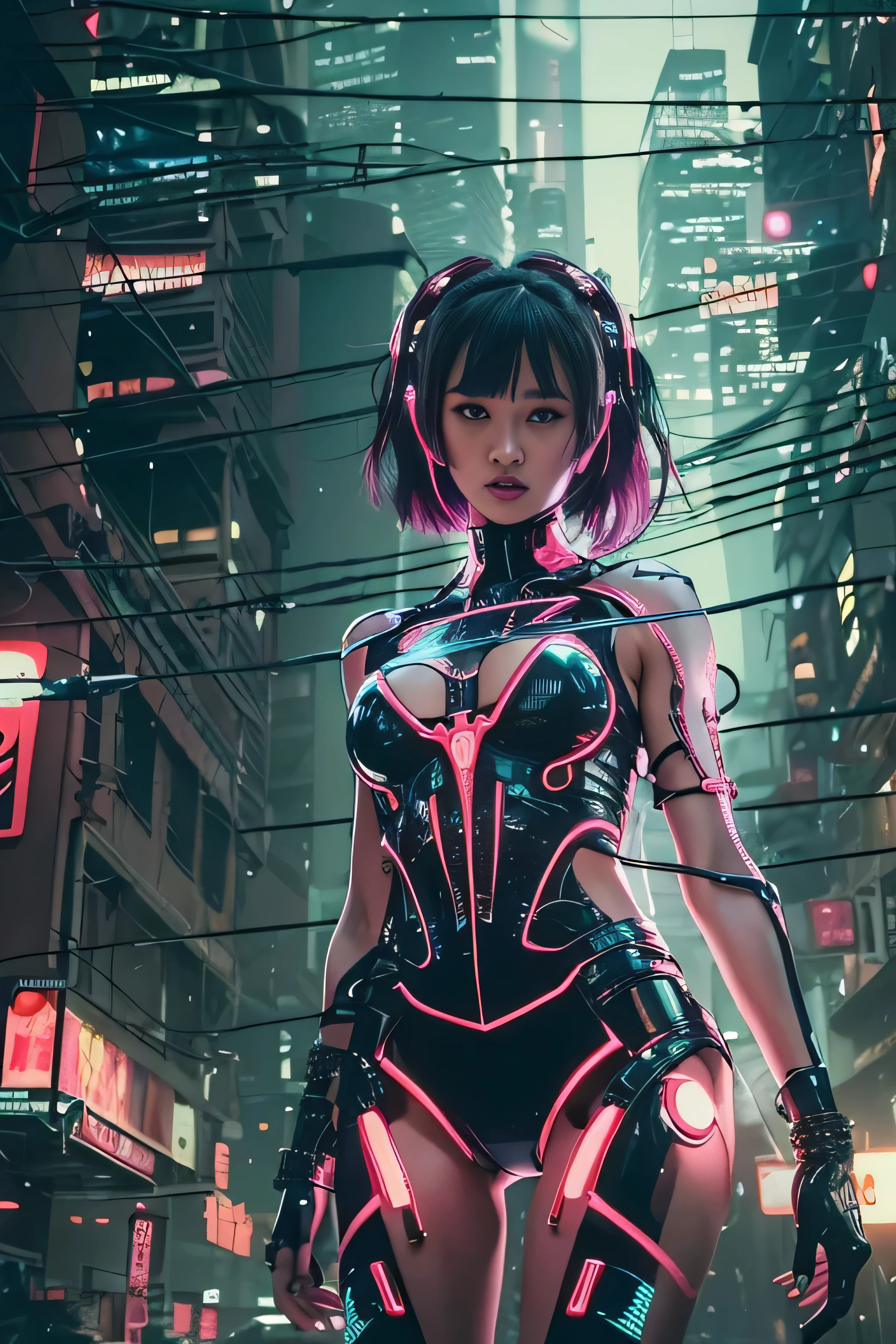 RAW image quality, highest quality, masterpiece, ultra high resolution, ((realistic: 1.4), Raw photo, 1 Cyberpunk Girl, black hair, Japanese, , Glossy and glossy skin, 1 Mechanical Girl, (surreal details)), cinematic lighting, deep shadow, octane rendering, 8K, super sharp, Metal, intricate decorative details, egyptian details, very intricate details, realistic light, CG Society Trend, towards the camera, neon light details, mechanical limbs, blood vessels connected to tubes, mechanical vertebrae attached to the back, Mechanical cervical attachment to the neck, Wires and cables connecting to the head, Evangelion, bright little light, (Glowing cyberpunk cityscape in the background).(Raw photo:1.2)，camel toe，hollow on，sweat legs，， smooth pink skin, shiny Metallic glossy skin, shiny，spread legs shaped legs，angry look，Bad mood，Irritated， all over the body，Looks like a whole body