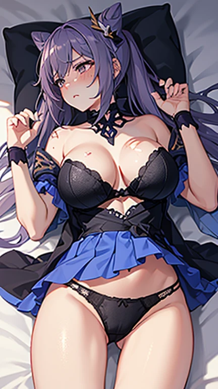 damaged underwear,Perforated underwear,huge breasts,Broken bra strap,severely injured,hurt,combat damage,expression of pain,weak,blush,Gently gasp,collapse on bed