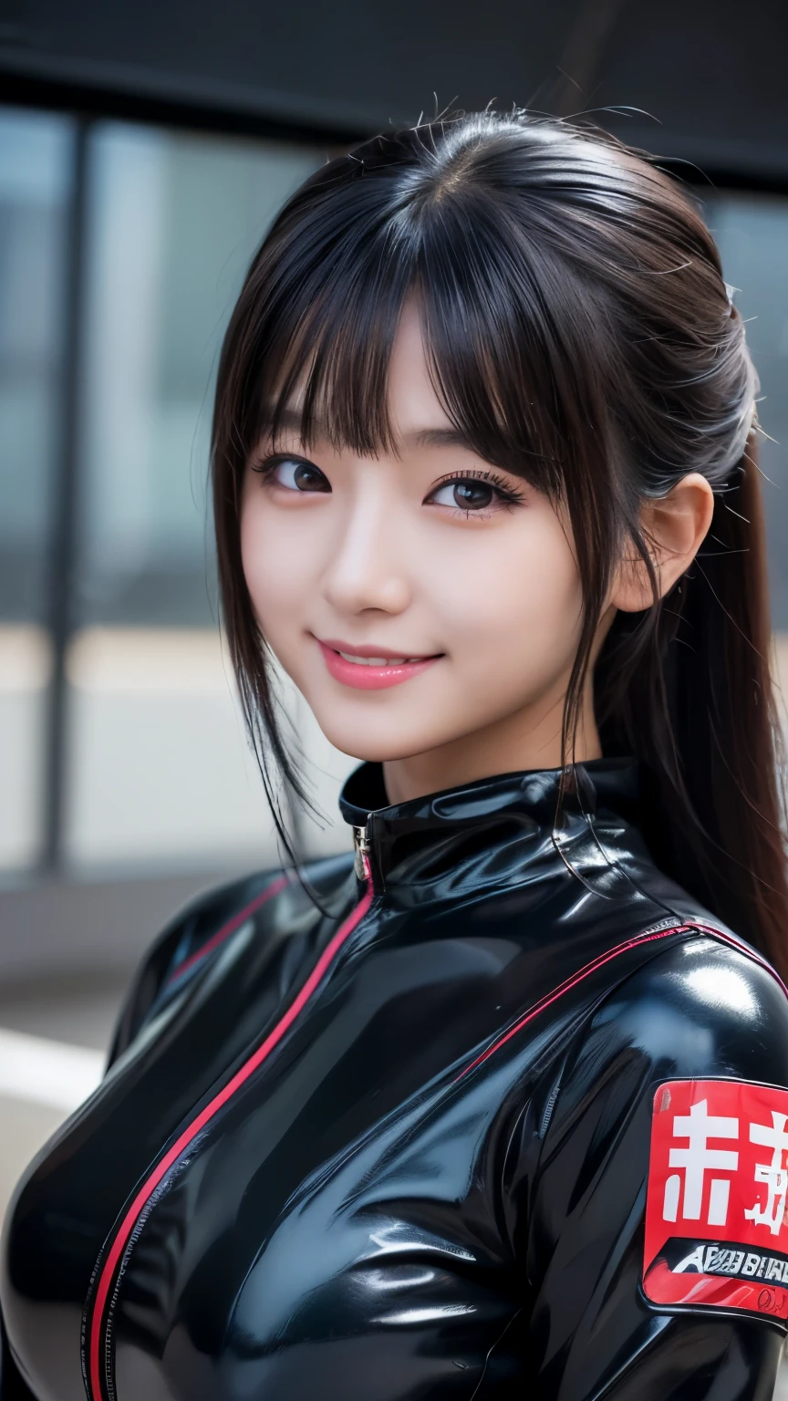 japanese girl, 20-year-old, dark makeup, detailed face, long hair, black hair, beautiful eyes, realistic, close up face, smile, sexy pose, (rubber suit), long sleeve, leather racing gloves, 8K, cinematic, sexy girl, circuit