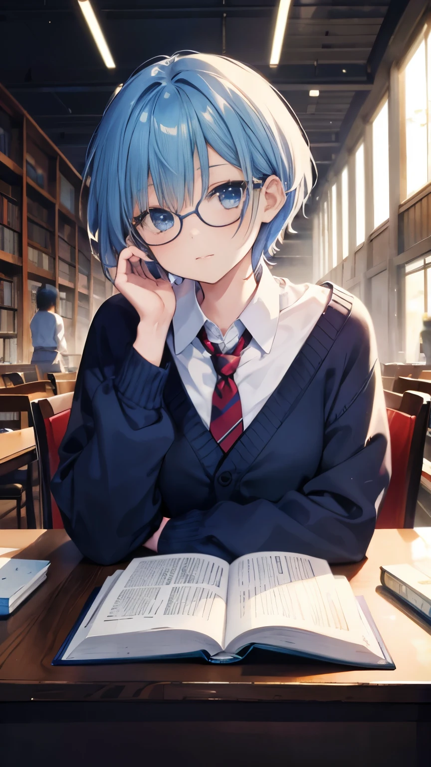 ,girl,best image quality,,Blue Hair,,blue eyes,glasses,white skin,,short hair,straight hair,half eyes,reading a big book,sit in a chair,pleated skirt,Y-shirt,tie,navy blue cardigan,chest,,library,tilt one's head,,small,