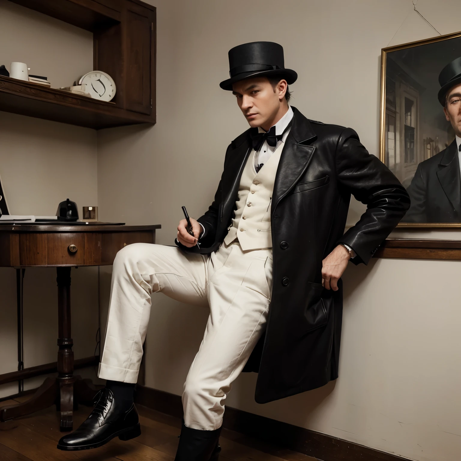 Make a vintage photo with a man wearing bowler hat,Black coat with a white vest underneath, black trousers,and leather shoes, writing a novel in house on paris