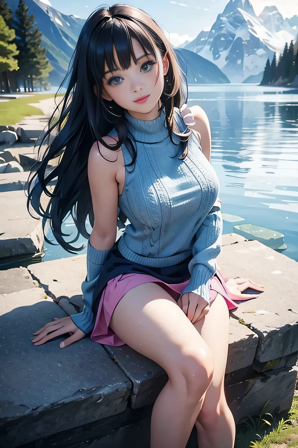 ((semi long beautiful dark blue hair,beautiful blue eyes)),(solo),((masterpiece, highest resolution,best quality)), (beautiful illustration),(Bright blue one piece sexy knit sweater),((topless, beautiful medium , pink nipples)),(Lying on the ground,knees up,legs wide open),wet gleaming skin,Vulgar,(nsfw),
low angle,from below,((masterpiece, highest resolution,best quality)), (beautiful illustration),(Bright blue one piece sexy knit sweater),beautiful icy lake and mountains,flowers,trees,snow,blue sky,
(looking at the viewer),((face toward the viewer)), ((sexy cute mini skirt and elegant beautiful white frilled panties)), innocent sexy smile,Embarrassed,orgasm,mouth open,showing teeth,cinematic lighting,