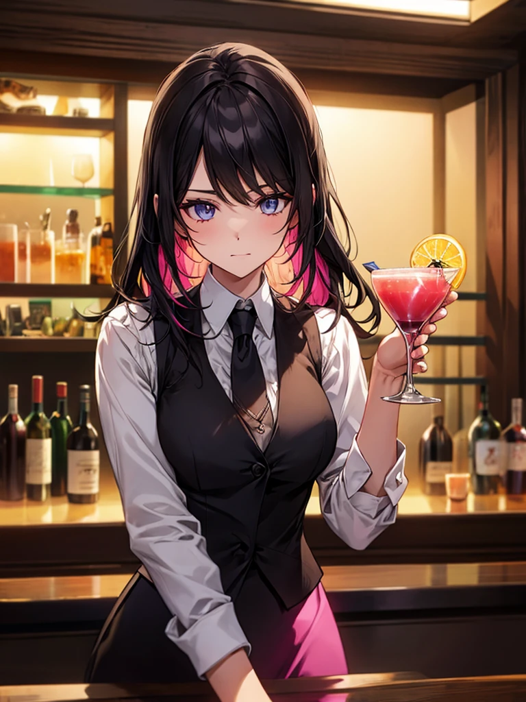 1 lady only, permanent, bartender, (Black vest with white shirt) tie, Stylish clothing, adult, (black hair), (faint smile:0.8), (Masterpiece best quality:1.2) Exquisite illustrations and super detailed, Medium breastBREAK ((Colorful neon lights:1.2 hang on the wall), (Neon tube) glowing rest (Fashion bar) indoors, ((cocktail glass) Filled with colorful wine), (The room is dimly lit), wine bottle, Detailed background
