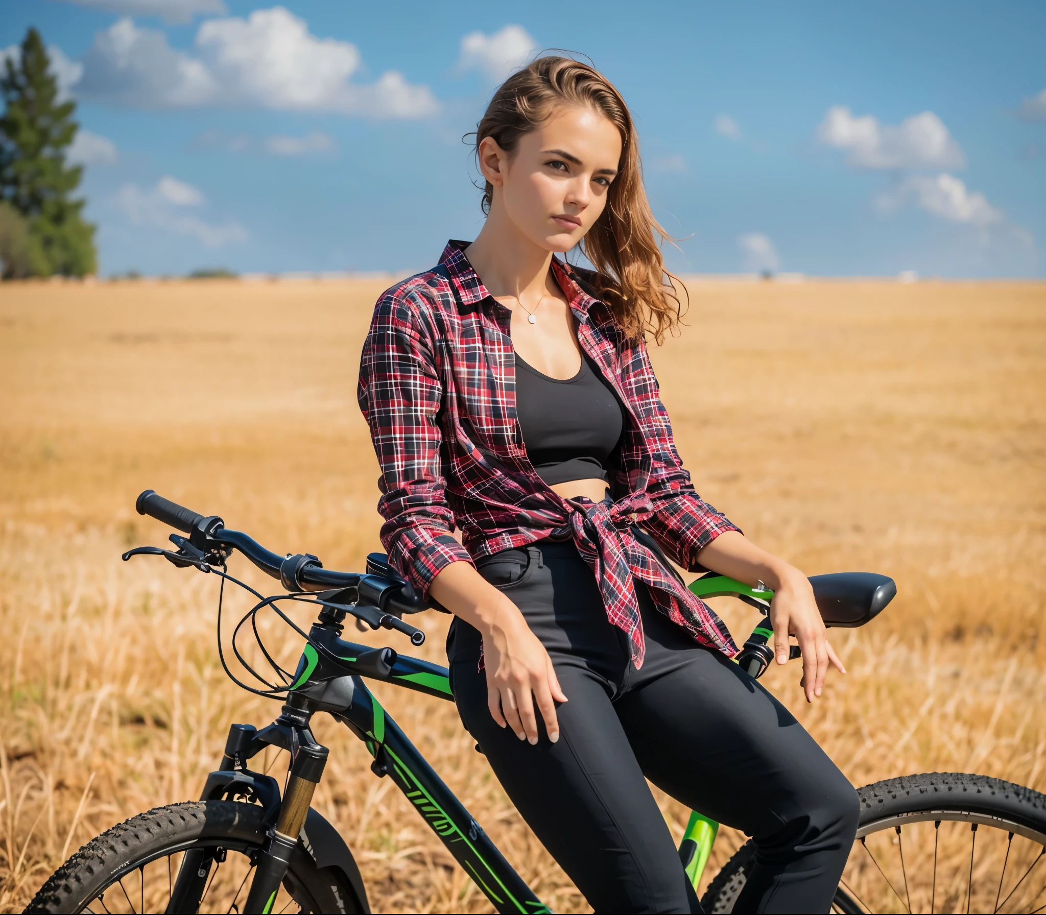 mulher arafida sentada em uma bicicleta em um campo de trigo, picture of a female motociclista, por Aleksander Gierymski, por Dietmar Damerau, vestindo uma camisa de flanela, motivacional, retrato, posando no campo de trigo, Cavalgando, por Stefan Gierowski, vestindo uma camisa xadrez, motociclista, em um campo de trigo, closeup retrato shot