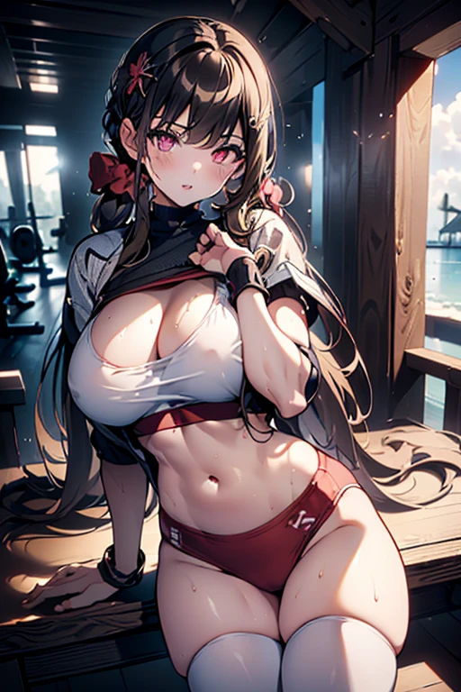 (masterpiece:1.2, best quality), (finely detailed beautiful eyes: 1.2), ((1girl)), ((solo)), (finely detailed eyes and detailed face:1.3), (scenery:1.2), (extremely detailed CG, ultra-detailed, best shadow:1.1), ((depth of field)), beautiful concept illustration, (illustration:1.1), (extremely fine and beautiful:1.1), (perfect details:1.1), sexy genital pose gesture、cheeky pose、(putting fingertips on lips),(with sparkling eyes and a contagious smile),((undressing in front of an viewer, erotically standing on knee, capturing the moment when her clothes are lowered and she caresses herself, caressing breast or erotically licking her finger, while caresiing cute eyes, open mouth or parted lips)) White skin that emphasizes transparency, crisp eye makeup, ruddy blush, thick natural parallel eyebrows, Light brown hair, long hair, soft curly hair, smile, wet skin, sweat, Floral bikini swimsuit, o-ring bikini, beautiful sky, beautiful sea, cloud, sun light, sitting, summer, beach, lens flare, shining, aureole mesmerizing eyes, luscious lips, shadowplay emphasizing beauty, artistic composition. (best quality, highres, masterpiece:1.2), ultra-detailed, (realistic:1.37) illustration, erotic style, soft lighting, sweat glistening on her body, gentle warmth, dark and mysterious, small breast,narrow waist,(with sparkling eyes and a contagious smile),her thin pubic hair, Realistic,((big breasts:0.9)),(((sports gym:1.2))),cleavage , (get sweaty), looking at viewer,